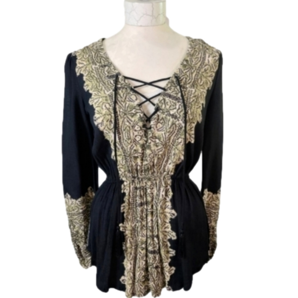 Free People Black Snake Print Boho Lace Up Front Elastic Waist Top - Picture 1 of 12